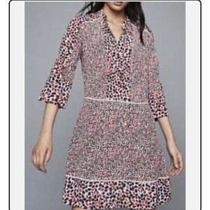 Reiss Anush Red Multi Border Trimmed Printed Tea Dress Sz 6